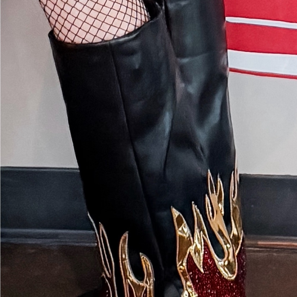 Black and Gold Flame Embellished Boots